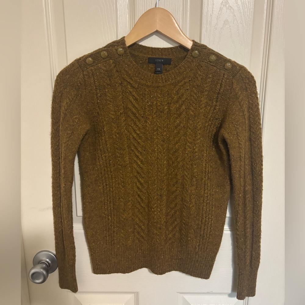 J.Crew XXS Lambswool Cable Knit Sweater Brown Tweed Button Shoulder - Picture 2 of 7